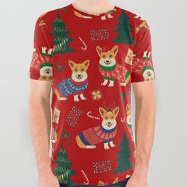 Merry Corgmess- Corgi Celebrate Christmas 2 - Xmas Red All Over Graphic Tee