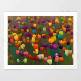 The tulips of spring No. 7, Mount Vernon, Washington green, yellow, orange, red, turquoise, and teal parrot and multi-colored tulip fields still life landscape painting print Art Print