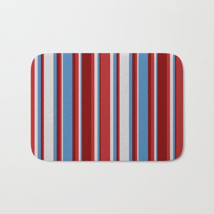 Blue, Light Gray, Red, and Maroon Colored Pattern of Stripes Bath Mat