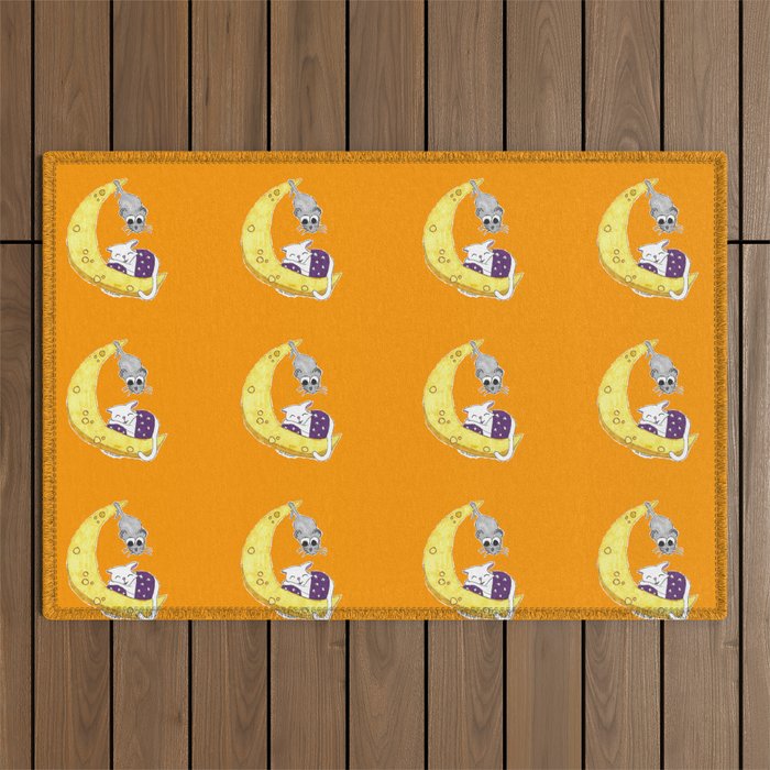 Cat Napping Pattern Dark Orange Background Color Outdoor Rug