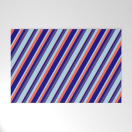 [ Thumbnail: Dark Slate Blue, Light Blue, Red, and Dark Blue Colored Lined Pattern Welcome Mat ]
