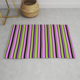 [ Thumbnail: Green, Indigo, Violet, and Black Colored Lines/Stripes Pattern Rug ]