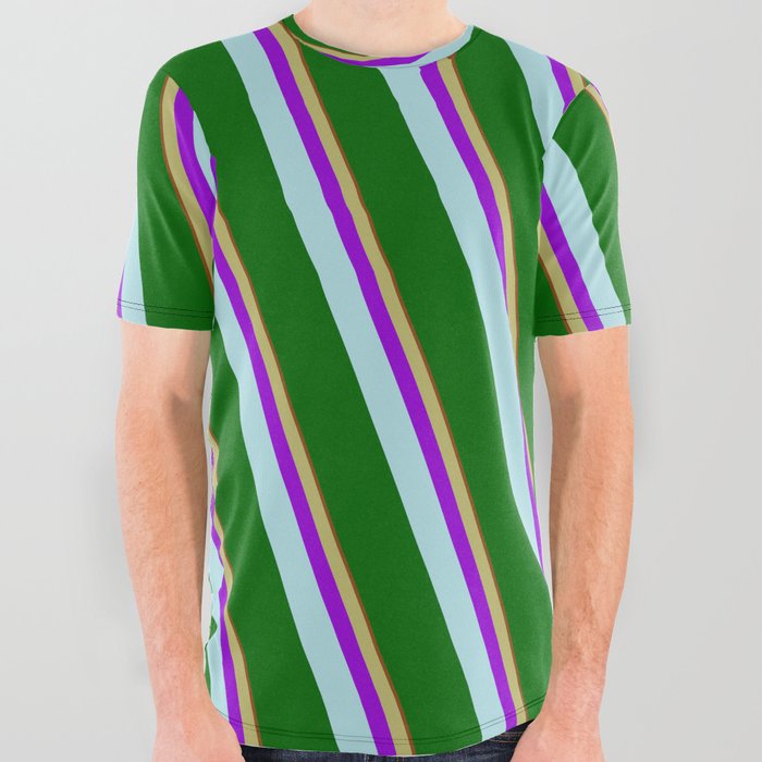 Brown, Dark Khaki, Dark Violet, Powder Blue, and Dark Green Colored Lined/Striped Pattern All Over Graphic Tee
