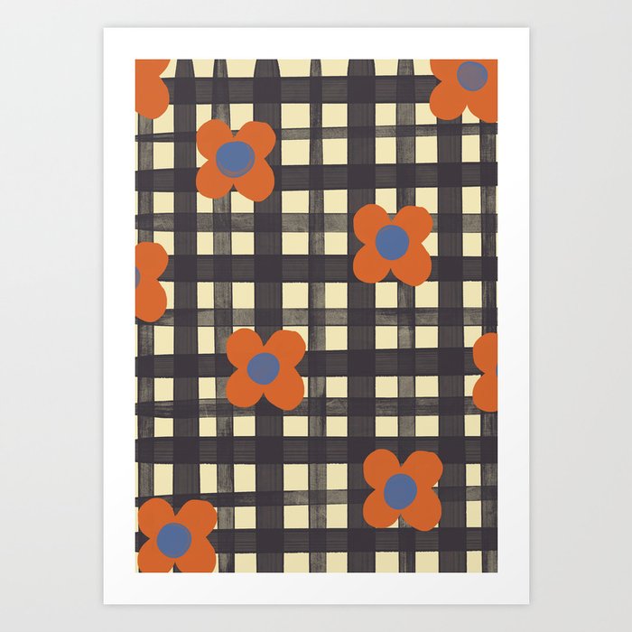 Black and red check and flowers Art Print