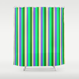[ Thumbnail: Pale Goldenrod, Medium Slate Blue, Green & Forest Green Colored Lined/Striped Pattern Shower Curtain ]