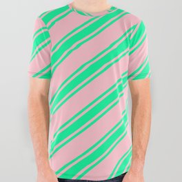 [ Thumbnail: Pink and Green Colored Stripes/Lines Pattern All Over Graphic Tee ]