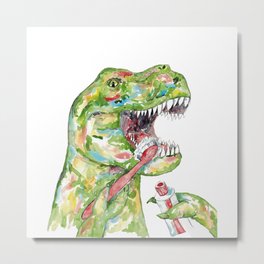 T-rex brushing teeth dinosaur painting watercolour Metal Print