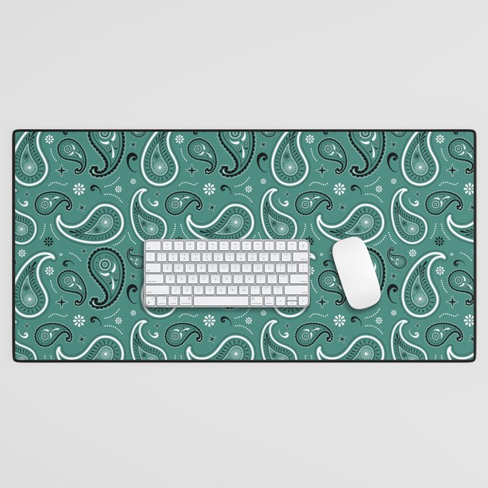 Black and White Paisley Pattern on Green Blue Background Desk Mat