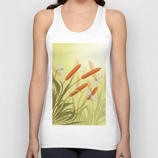 the reeds and dragonflies on the rising sun background Unisex Tank Top