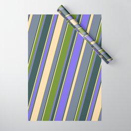 [ Thumbnail: Tan, Green, Medium Slate Blue, Slate Gray, and Dark Slate Gray Colored Lined/Striped Pattern Wrapping Paper ]