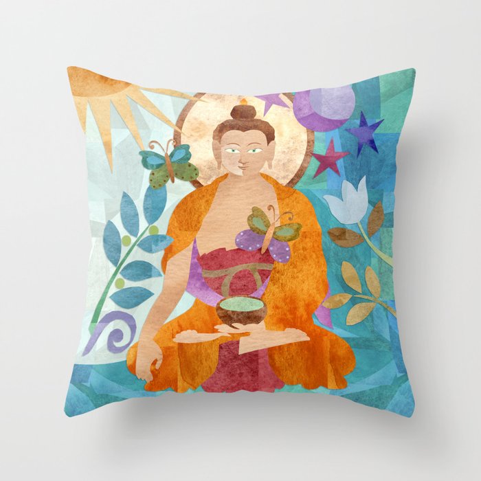 Watercolor Buddha Garden Throw Pillow
