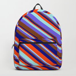 [ Thumbnail: Red, Turquoise, Medium Slate Blue, Brown & Dark Blue Colored Striped/Lined Pattern Backpack ]