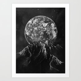 Moon over the Peaks, Pencil Drawing Art Art Print