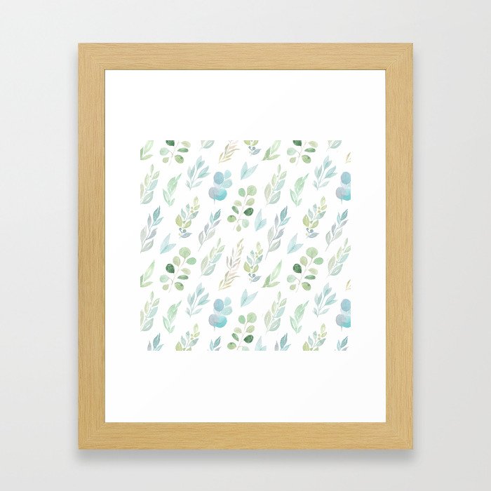 Pastel green teal hand painted watercolor leaves floral Framed Art Print