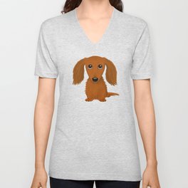 Cute Dog | Longhaired Red Dachshund Cartoon V Neck T Shirt