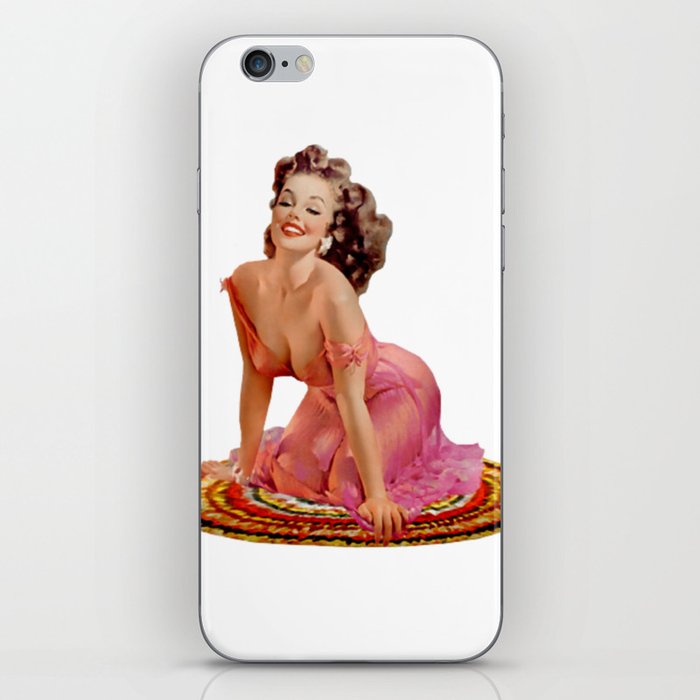 Brunette Pin Up With Pink Dress on Colorful Rug iPhone Skin