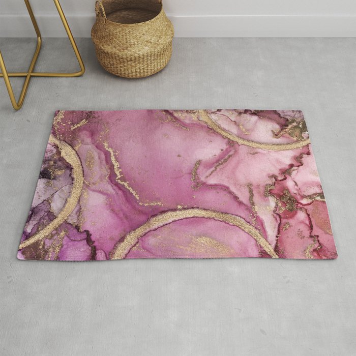 Pink Gold Ink Texture Colorful Marble Painting Rug