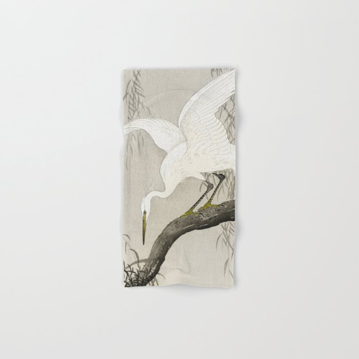 White Heron Sitting On A Tree Branch - Vintage Japanese Woodblock Print Art Hand & Bath Towel