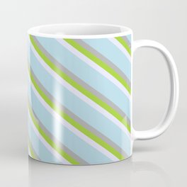 [ Thumbnail: Lavender, Light Blue, Dark Gray & Green Colored Striped/Lined Pattern Coffee Mug ]
