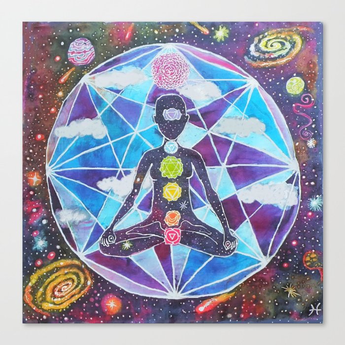 Meditation Chakra Space Tapestry Rainbow Galaxy Psychedelic Painting Art (Intergalactic Beings) Canvas Print