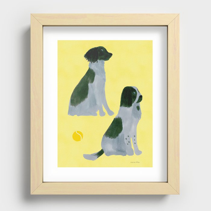 Dogs and a Tennis Ball - Green and Yellow Recessed Framed Print
