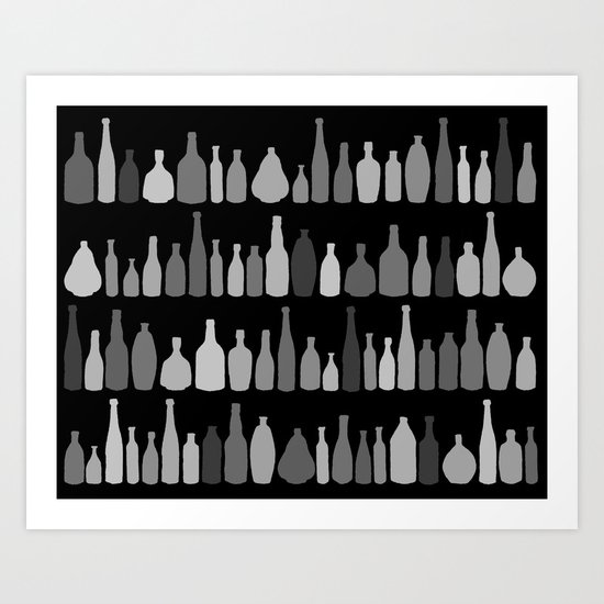 Bottles Black and White on Black Art Print