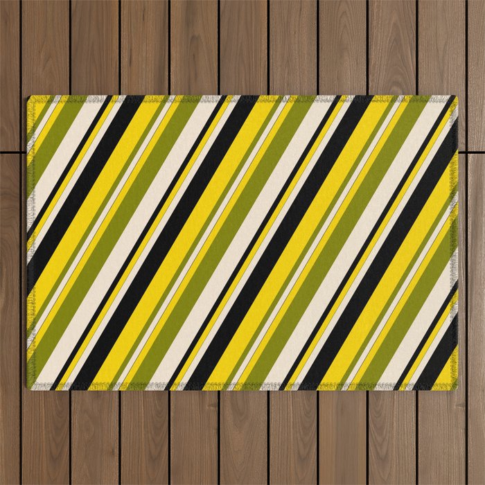 Yellow, Green, Beige, and Black Colored Lines/Stripes Pattern Outdoor Rug
