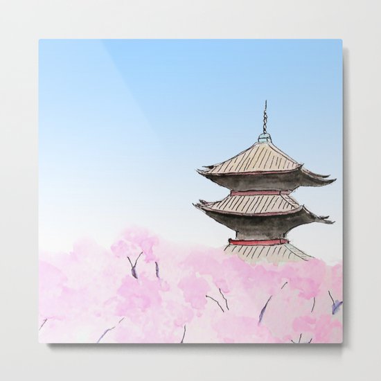Temple and sakura Metal Print