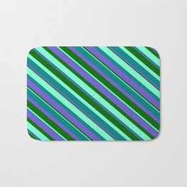 [ Thumbnail: Aquamarine, Teal, Slate Blue, and Dark Green Colored Striped Pattern Bath Mat ]