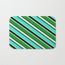 [ Thumbnail: Turquoise, Beige, Forest Green, and Black Colored Lined Pattern Bath Mat ]