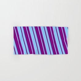 [ Thumbnail: Light Sky Blue & Purple Colored Stripes Pattern Hand & Bath Towel ]