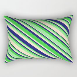 [ Thumbnail: Lime Green, Light Green, Bisque, and Midnight Blue Colored Lined Pattern Rectangular Pillow ]
