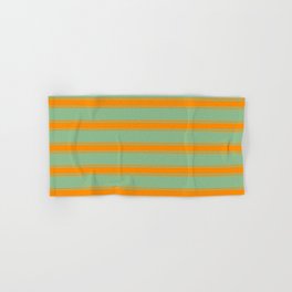 [ Thumbnail: Dark Sea Green & Dark Orange Colored Stripes/Lines Pattern Hand & Bath Towel ]