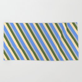 [ Thumbnail: Dark Olive Green, Beige, Cornflower Blue & Grey Colored Lines Pattern Beach Towel ]