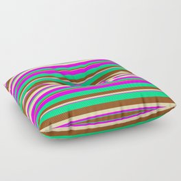 [ Thumbnail: Tan, Fuchsia, Green & Brown Colored Striped Pattern Floor Pillow ]