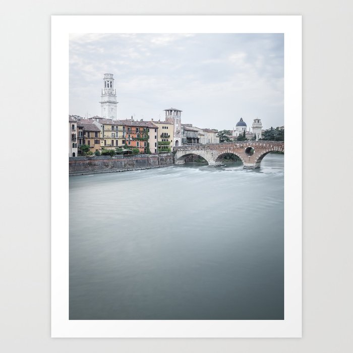 Verona Town View Ponte Pietra Bridge over Adige River Art Print
