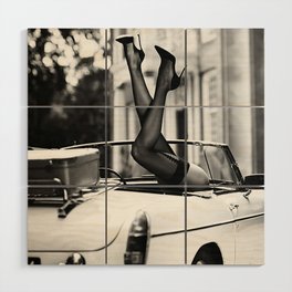 Head over heels stockings and lace high heel female model portrait black and white photograph - photography - photographs Wood Wall Art