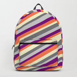 [ Thumbnail: Colorful Light Yellow, Gray, Light Gray, Purple & Coral Colored Lines/Stripes Pattern Backpack ]