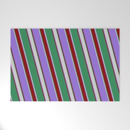 [ Thumbnail: Purple, Dark Red, Sea Green, and Light Grey Colored Lines Pattern Welcome Mat ]