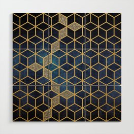 Shades Of Blue Cubes Pattern Wood Wall Art