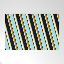 [ Thumbnail: Black, Dark Goldenrod, Turquoise & Mint Cream Colored Lined Pattern Welcome Mat ]