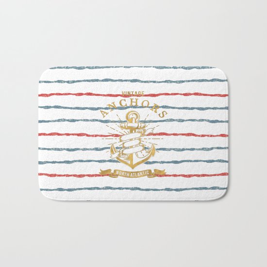 Maritime Design- Nautic Vintage Anchor on stripes in blue and red #Society6 Bath Mat