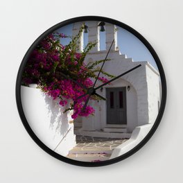 White Church With Pink Bougainville - Greece Travel Photography Wall Clock