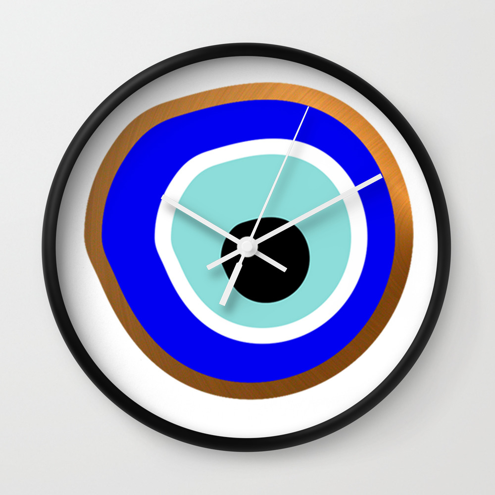 Grecian Gold Evil Eye In Blue On White Wall Clock By