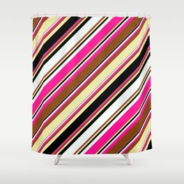 [ Thumbnail: Vibrant Brown, Pale Goldenrod, Black, Mint Cream & Deep Pink Colored Lined/Striped Pattern Shower Curtain ]