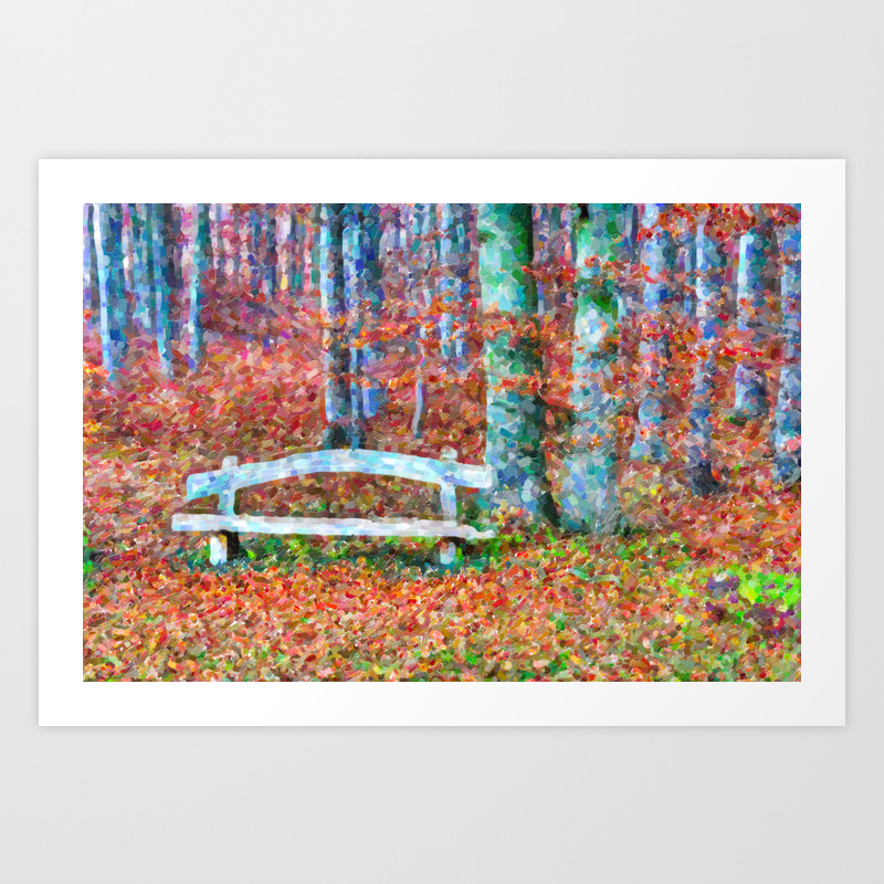 Wooden Park Bench In Dry Leaves Art Print By Lanjee Society6