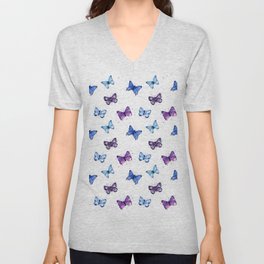 Butterfly Pattern Blue Purple V Neck T Shirt