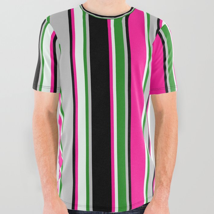 Eyecatching Grey, Forest Green, Mint Cream, Deep Pink, and Black Colored Pattern of Stripes All Over Graphic Tee