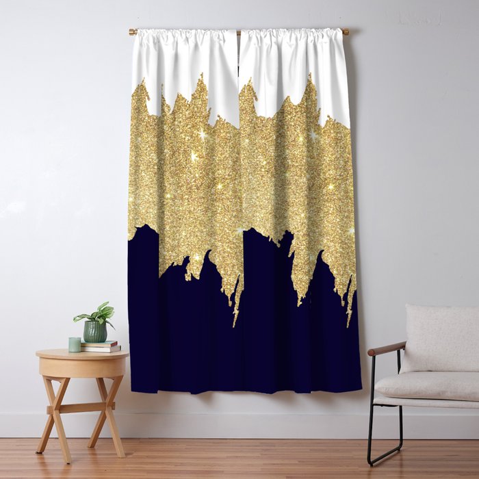 Modern Navy Blue White Faux Gold Glitter Brushstrokes