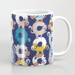 Cats Donut Care // blue background goldenrod yellow mustard, teal pastel blue and brown sweet kitties Mug